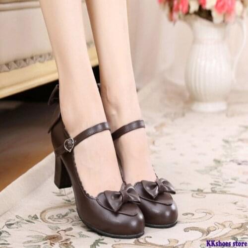 Lolita Round Head Student Cute Heart Bow Jk High Heel Shoes Bowknot Princess Kawaii Girl Women Shoes Cos Vintage Sweet