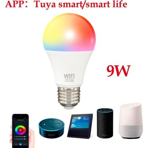 Tuya smart lamp B22 E27 wifi led light bulb 9W RGB+cold warm white multicolor dimming bulb work with alexa google smart life APP