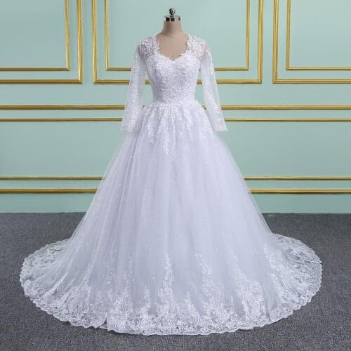 Vestidos de Noiva Ball Gown Lace Wedding Dress Long Sleeves Off Shoulder Tulle Puffy Bride Gowns Casamento Mariage