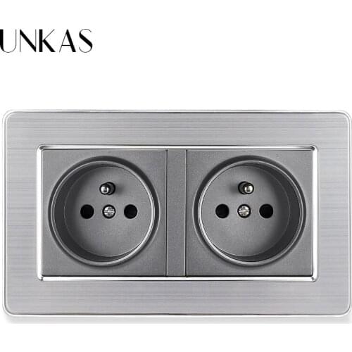 UNKAS Stainless Steel Panel High Quality 146mm * 86 mm French Standard Dual Socket Luxury Wall Power Outlet Electrical Plug