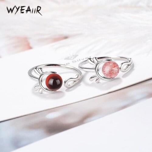 WYEAIIR Garnet Strawberry Crystal Antlers Mini Cute Fresh Sweet 925 Sterling Silver Female Resizable Opening Rings