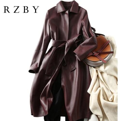 100% Sheepskin Long кожаная куртка женская Genuine Leather Women Jacket Fashion Jaqueta De Couro Feminina With Belt RZBY627