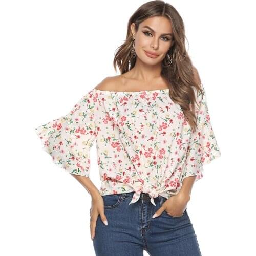Women Floral Cherry Print Ruffled Half Sleeve Off Shoulder Tied Hem Shirt Blouse Sexy Loose Tops