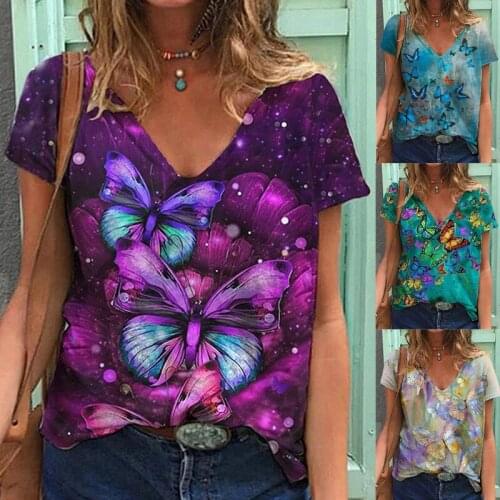 Harajuku Women Tshirts Women Butterfly Printed V-Neck Clothes Summer Fashion Short Sleeved Ladies Hip Hop Tee Tops