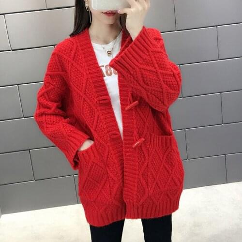 Women Knitted Cardigan Coat Autumn Winter Ladies Thick V-neck Cardigan Long Sleeve Pocket Outerwear Female Tops Pull Femme Hiver