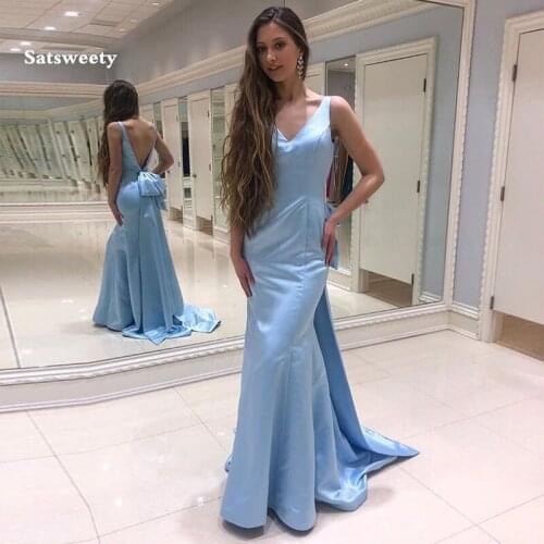 Simple Pink Evening Dresses V-neck Sleeveless Mermaid Style 2020 Women Formal Party Dresses Trumpet Cheap Satin Evening Gowns