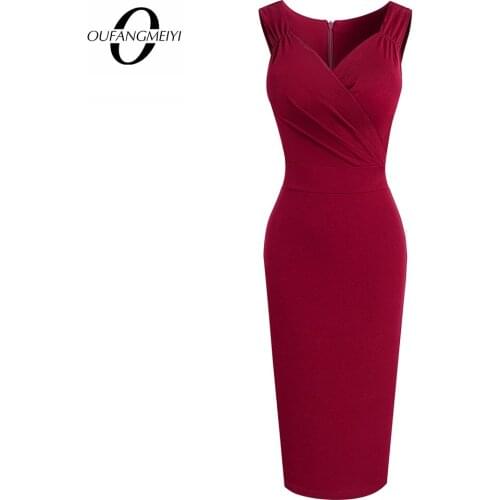 Women Sexy Charming Pure Color Sleeveless Low Cut Shirring Wrap Bodycon Pencil Dress EB669