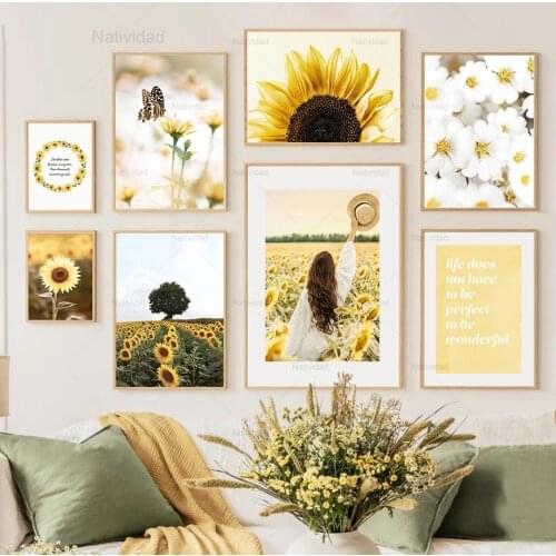 Nordic Canvas Painting Field Girl Sunflower Tree Quote Poster and Print Landscape Wall Art Pictures Living Room Home Decoration