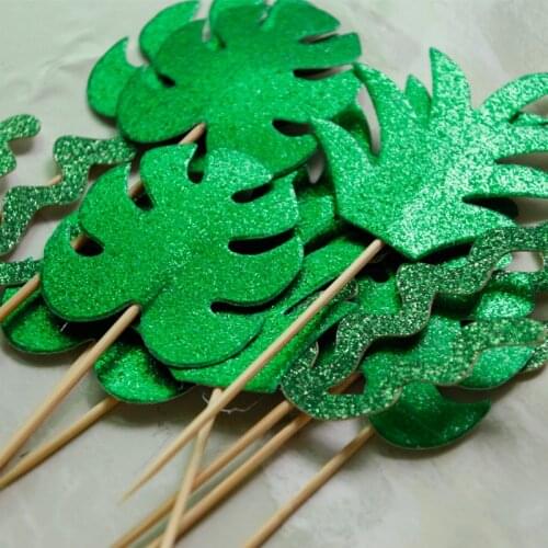 12pcs Palm Leaf Cake Topper Wild One Birthday Party Baby Shower Cake Decoration Jungle Safari Party Cupcake Topper Wedding Decor