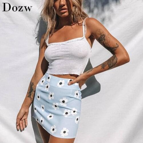 2020 Summer Floral Printed Sexy Mini Skirt Women Blue Beach A Line Skirts Back Zipper Bodycon Skirt Lady Faldas Cortas