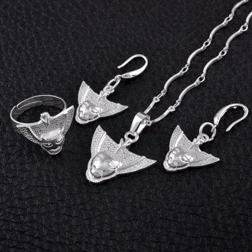 Anniyo Silver Color PNG Mask Necklace Earrings Ring Jewellery Sets for Women,Papua New Guinea Ethnic Items #112406B