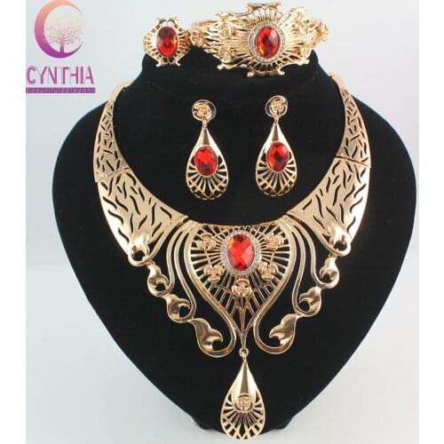 Free Shipping Hollow Crystal Flower Pendant Necklace Bangle Earring Ring Gold color Jewelry Sets For Women Fashion Jewelry