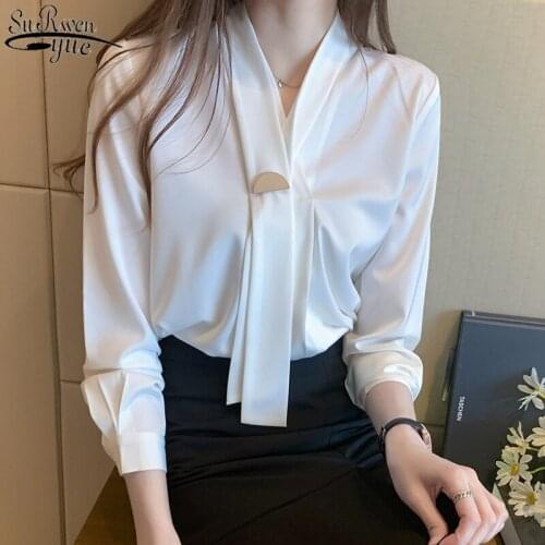 Blusas 2021 Autumn New Long Sleeve Blouse Women Satin Women Blouses V-neck Pullover White Solid Button Casual Women Shirts 11054