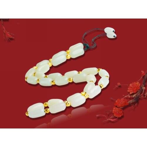 Quality White Jade Mala Bead Necklace with Golden Bead Amulet Necklace Hanging