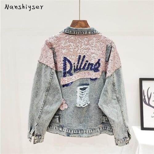 Autumn Korean Fashion Letter Sequins Hole Denim Jacket Womens Basic Coat Loose Vintage Jeans Jacket Female Outerwear Streetwear