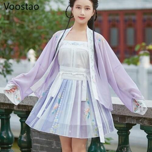 Summer Chinese Style Women Elegant Hanfu Dresses Ancient Traditional Song Dynasty Princess Dress Girls Floral Embroidery Sets