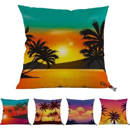 Southeast Asia style Summer beach at sunset Banana tree Pattern printing linen Decorative Home sofa Cushion pillow Cover square