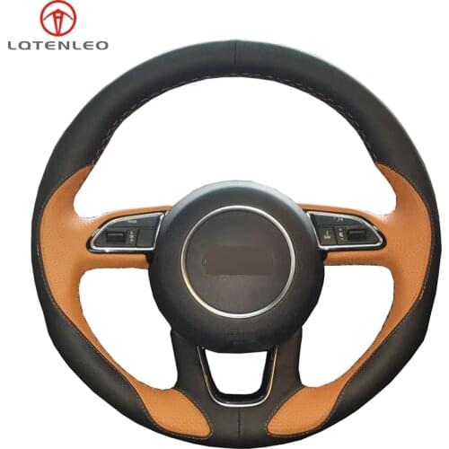 LQTENLEO Black Orange Genuine Leather Hand-stitched Car Steering Wheel Cover for Audi Q3 2013-2018 Q5 2013-2017 Q7 2012-2015