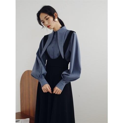 2019 new fashion womens two piece set Spring blouse+skirt Vintage strap French dress