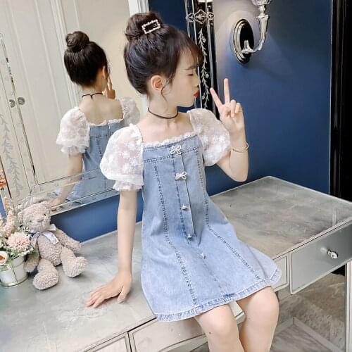 New Kids Dress for Girls Denim Korean Princess Dress Lace Puff Sleeves Children Jean Dress Summer Elegant Teenage Dresses 4-14Y