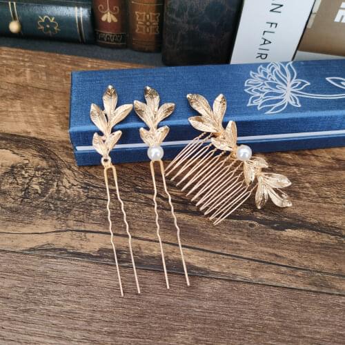 New Women Gold Leaves Pearl Hairpins Metal Barrette Clip Wedding Bridal Hair Comb Jewelry Accessories Hairstyle Design Tools