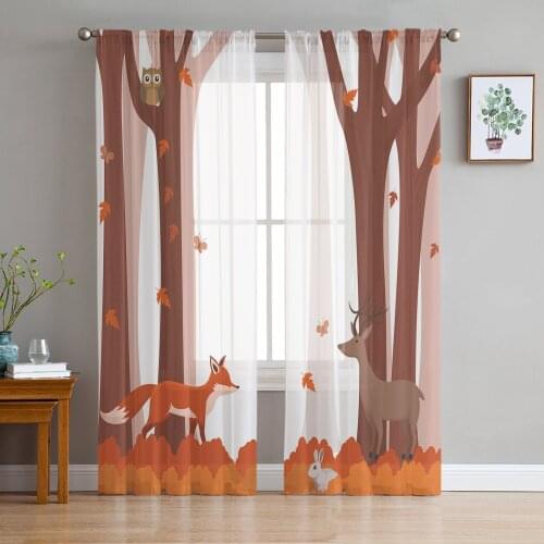 Autumn Forest Cartoon Fox Deer Rabbit Owl Sheer Curtains for Living Room Bedroom Kitchen Tulle for Windows Voile Yarn Curtains