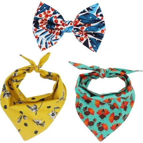 Autumn Floral Dog Dog Bandana Scarf with bow tie for Fall , Reversible dog Bandana bow tie,Pet Dog Accessory for Gifts