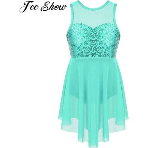 Girls Sequins Ballerina Lyrical Dress Dance Costumes Sequins Criss-Cross Back Irregular Hem Child Ballet Tutu Dress Dancewear