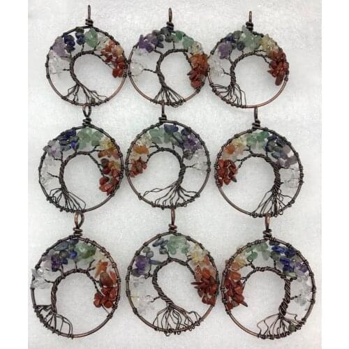 50MM Natural Stone Quartz crystal aventurine 7 Chakra Reiki Healing Tree of Life Pendant for diy jewelry making necklace 8pcs