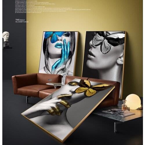 Nordic poster Wall Art Pictures Fashion Woman butterfly Lips Gold And White Black Modern Home Canvas Painting Beauty home Decor