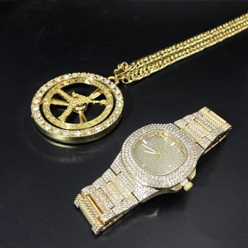 Luxury Men Gold Color Watch Hip Hop Jewelry Stylish Men Watch & Necklace Combo Set Necklace Chain Ice Out Cuban Watch For Men