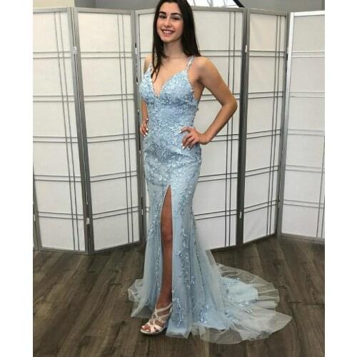 Light Blue Long Mermaid Lace Prom Dresses with Slit Criss Cross Back Robe De Soiree Floor Length Tulle Formal Party Gown