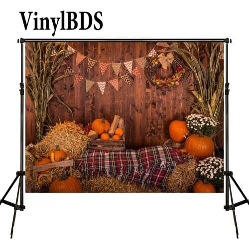 VinylBDS Children Halloween Background Newborn Wood Backdrop Baby Pumpkin Haystack Flower Backdrop Baby Barn Photo for Studio