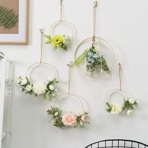 Iron Gold Metal Ring Artificial Hydrangea Flower Round Hoop Home Wall Hanging Wedding Backdrop Decor Pendant Creative Hanging