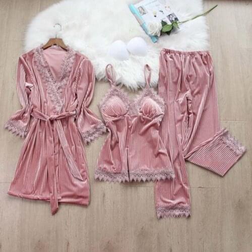Womens Pajamas 3pcs Velvet Sets For Winter Nightie Warm Pyjamas Sleepwear Sexy Lace Nightdress Home Clothes Pijamas Sling Suit