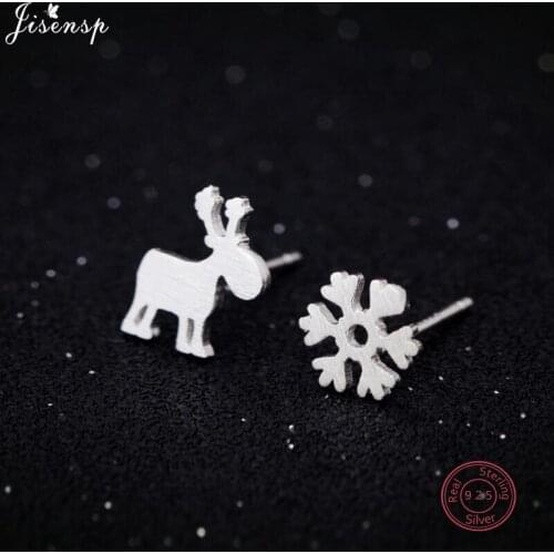 Jisensp Christmas Style 925 Sterling Silver Earrings Trendy Snowflake Elk Stud Earrings for Women Girl Fashion Jewelry Gift