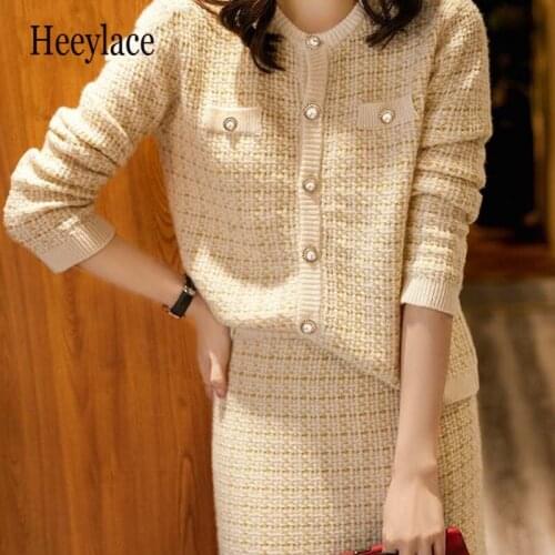 Fall Winter 2021 New Women Tweed Office Suit Single Buttons Breasted Cardigans Coat Top And High Waist Mini Skirt Knit 2PCS Sets