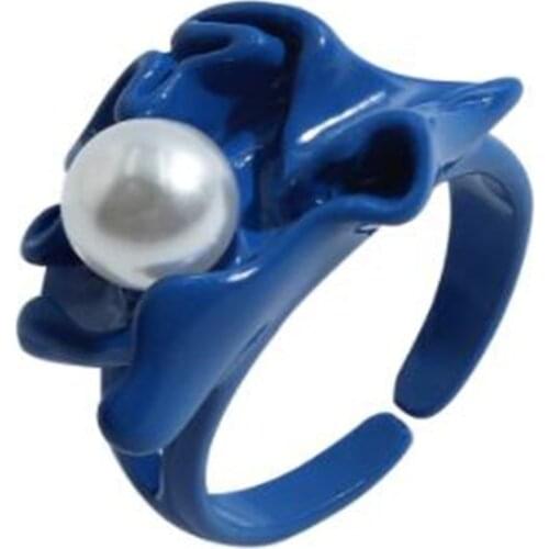 Fashion Irregular Hollow Out Flower Pearl Earrings Adjustable Opening Blue Resin Womens Ring Jewelry Accessories