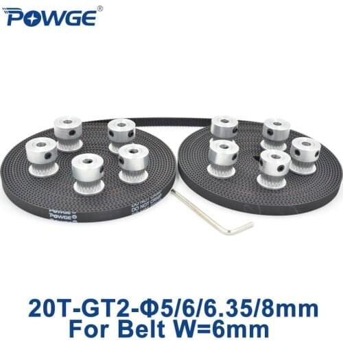 POWGE 10pcs 20 teeth GT2 Timing Pulley Bore 5mm 6mm 6.35mm 8mm + 10Meters GT2 Timing Belt width 6mm 2GT pulley 20Teeth 20T