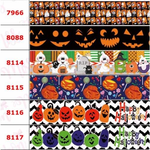 16mm-75mm Halloween Series Pumpkin Wave Stripes Printed Grosgrain/Foe Ribbon Cartoon Ghost DIY Hair Bowknots 50yards/roll