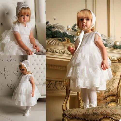 2021 Cute Baby Christening Gowns For Toddler Little Girls Short Sleeve Appliques Baptism Dresses With Bonnet First Communication