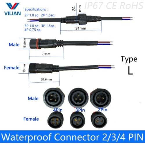5 pairs Waterproof connector Current 6A/8A/12A 2 pin / 3 pin / 4 pin with wire cable IP67 female male plug 0.75/1.0/1.5.(mm2)