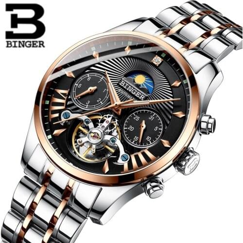 Binger top brand luxury men watch leather tourbillon automatic mechanical watches mens reloj hombre relogio masculino full steel