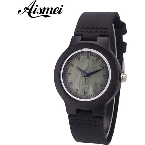 Fashion Retro Round Womens Wooden Watches With Black Genuine leather bands brand designer green dial dress watches for women
