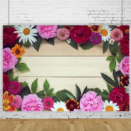 Planks Backdrop Natural Color Board and Colorful Flowers Photography Background Holiday Celebration Photo Booth Studio Decor