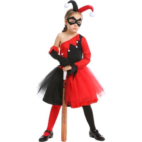 Girl Red Black Clown Outfit Movie Harley Joker Criminal Costume Quinn Book Week Child Fancy Dress