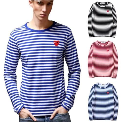 PLAY Men Women Striped T-shirt Love Embroidery Cotton Round Neck Long-sleeved Straight T-shirt Spring Summer Couple T-shirt