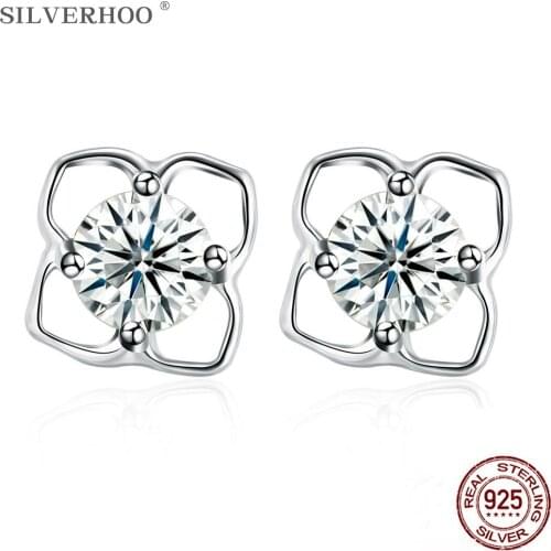 SILVERHOO Sterling Silver 925 Earrings For Women Hollow Flower With Round Zircon CZ Stud Earring The New Listing Fine Jewelry