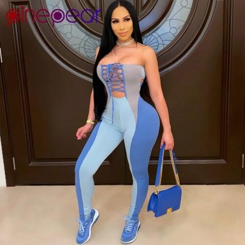 PinePear Lace Up Patchwork Strapless Jumpsuits Workout Clothes for Women Gym Rompers Sport Set Sportswear Elastic Yoga Outfiits