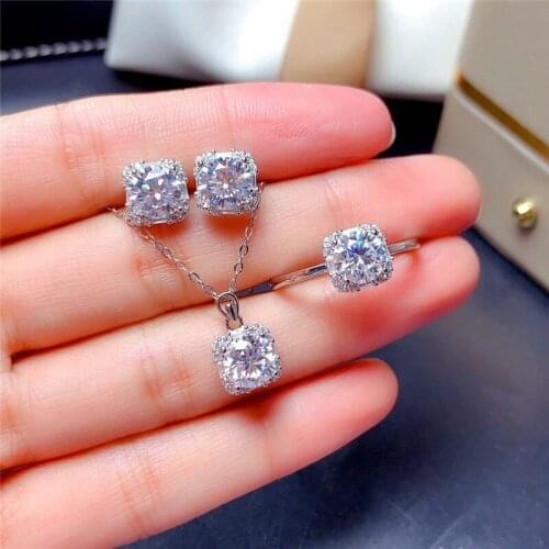 Luxury Bridal Jewelry Sets Elegant Silver Square Crystal Jewelry Set Stud Earrings Adjustable Open Rings Necklace Sets For Women